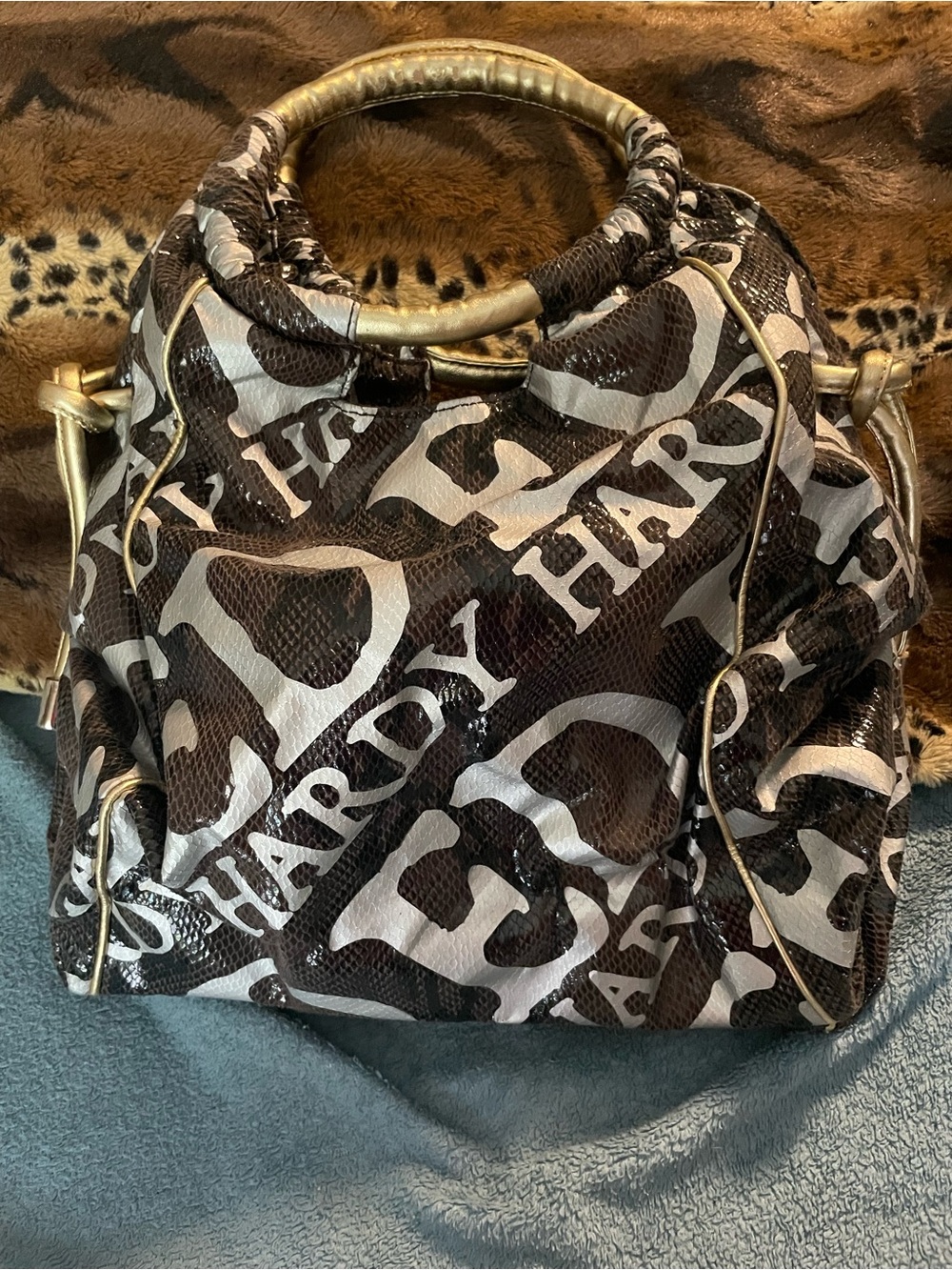 Ed Hardy Brown and silver Logo Shoulder Bag with Gold Trim